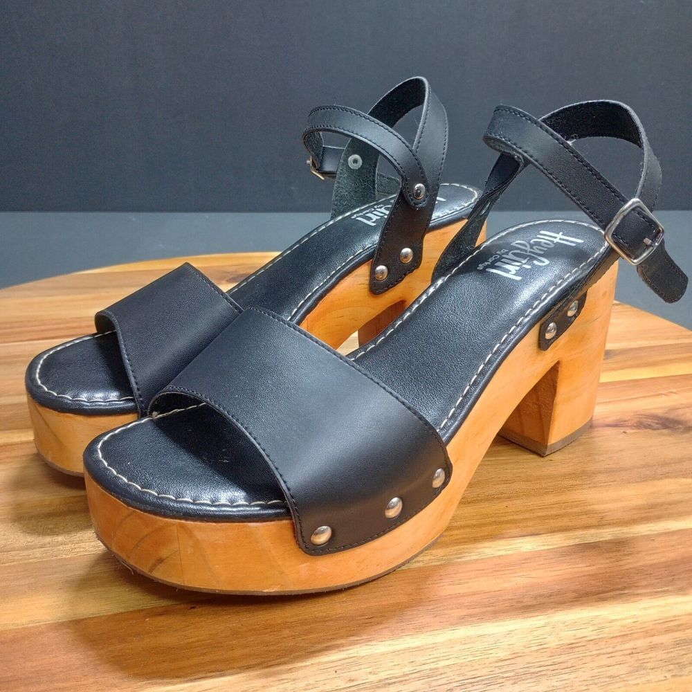Hey Girl Corkys Country Club Wood Platform Black Sandal High Wedge Vegan Leather
